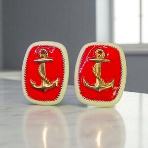 Vintage enamel earrings gold and tan color boat anchor detail